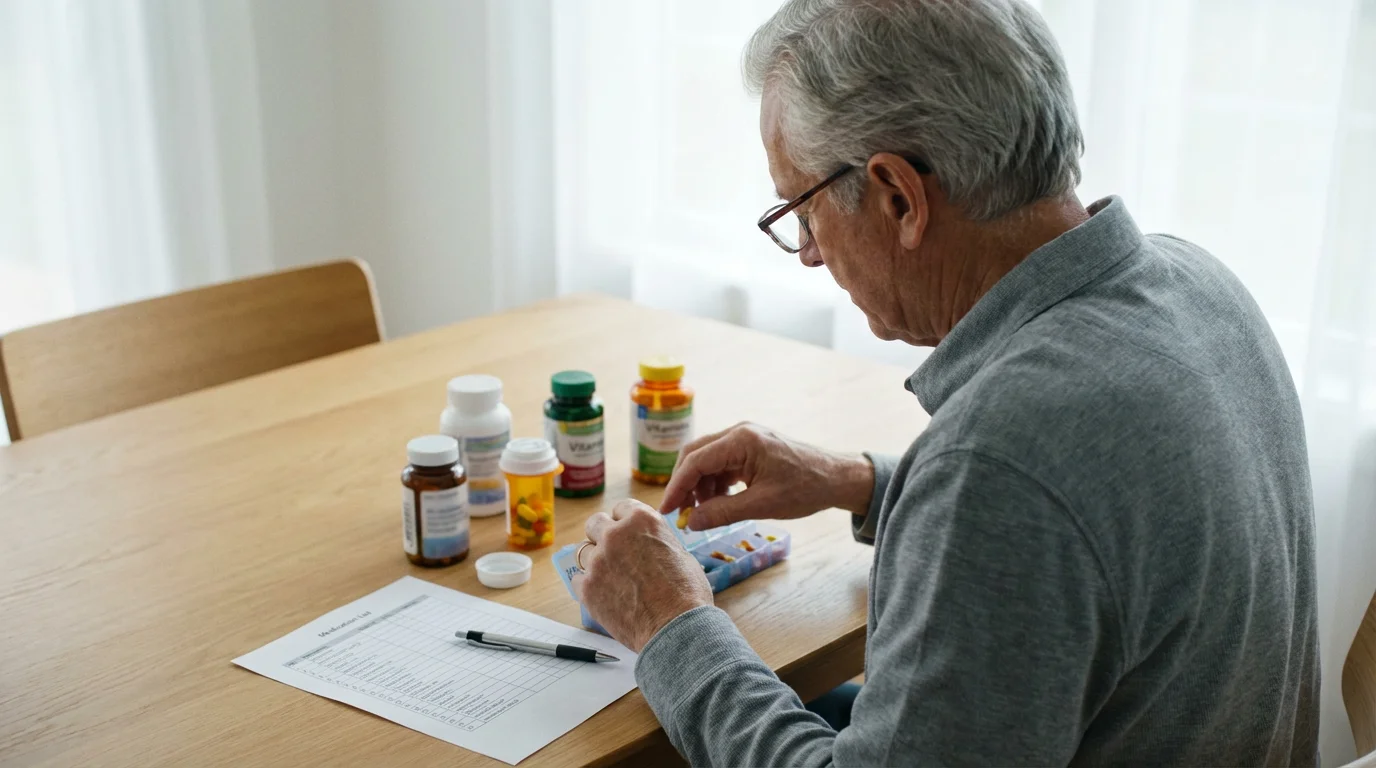 Over-the-shoulder view of a senior man organizing his medications into a travel pill case.