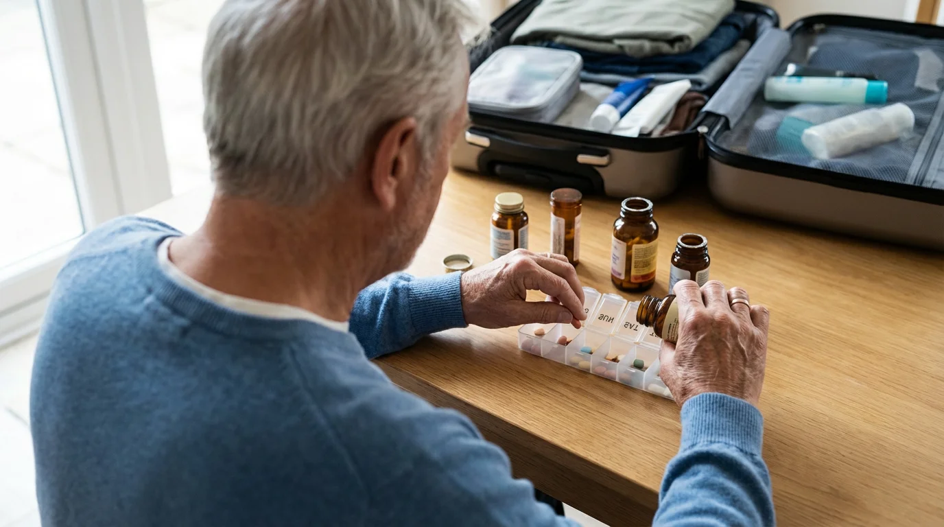 Over-the-shoulder view of a senior man organizing his medications into a pill box.