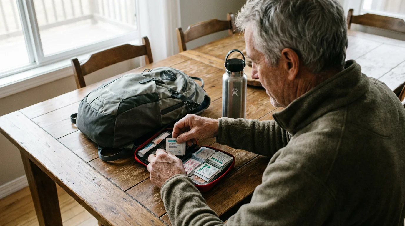 Over-the-shoulder view of a senior man organizing a hiking first-aid kit indoors.