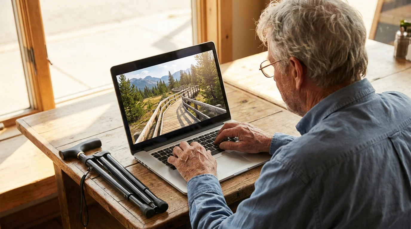 Over-the-shoulder view of a senior man planning an accessible trip on his laptop.
