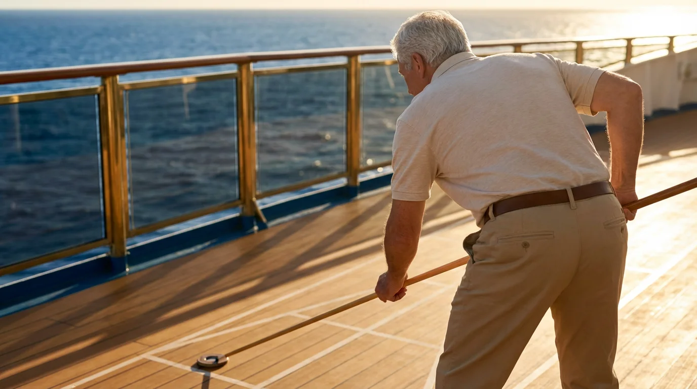Over-the-shoulder view of a senior man playing shuffleboard on a cruise ship deck.