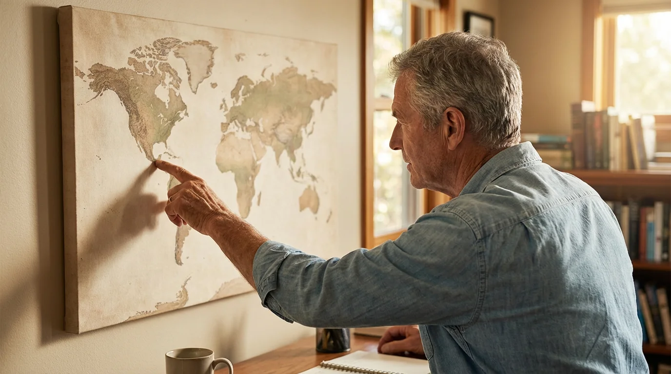 Over-the-shoulder view of a senior man pointing at a large world map on a wall.