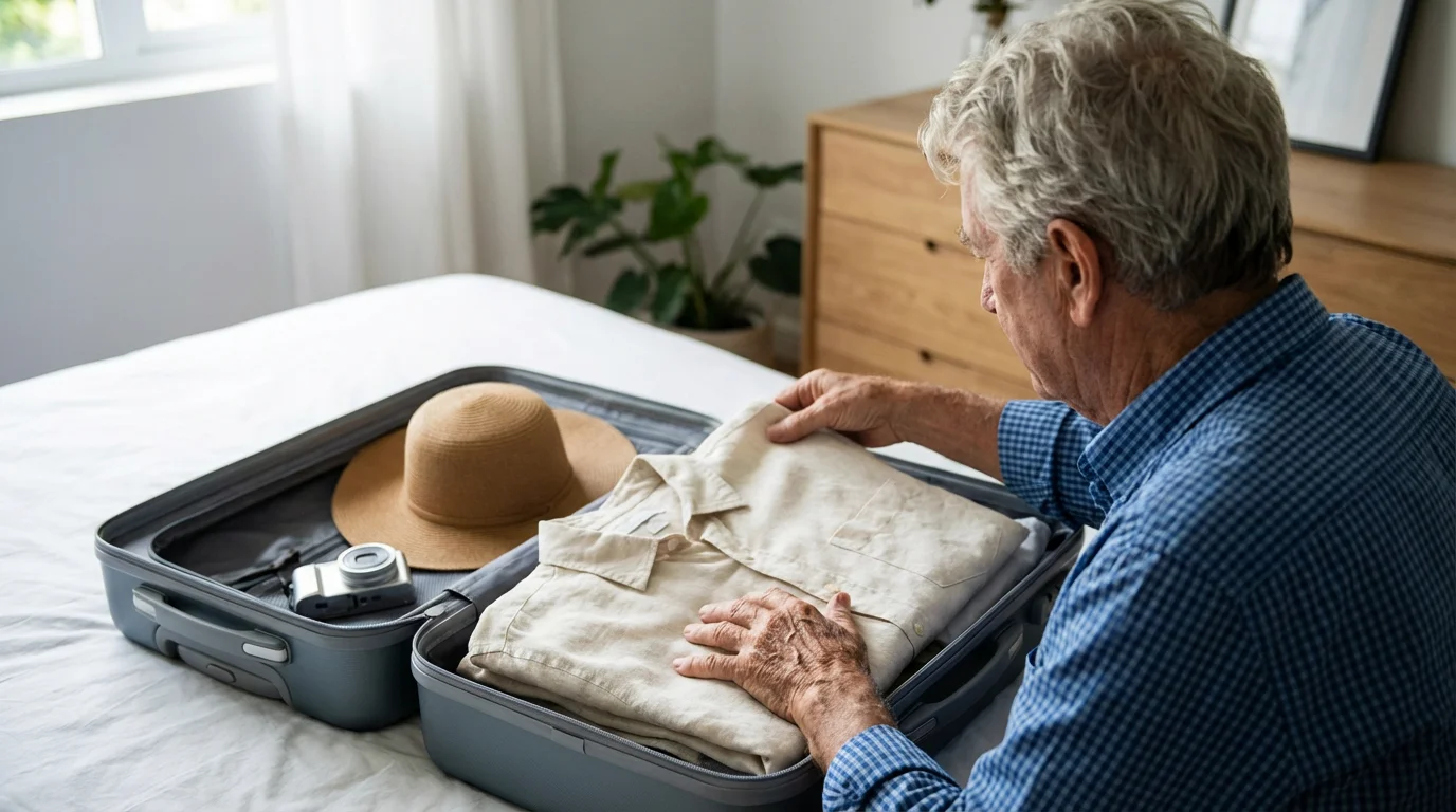 Over-the-shoulder view of a senior man packing a suitcase for a sunny destination.