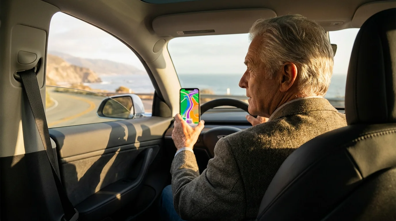 Over-the-shoulder view of a senior man using a smartphone map app while driving.
