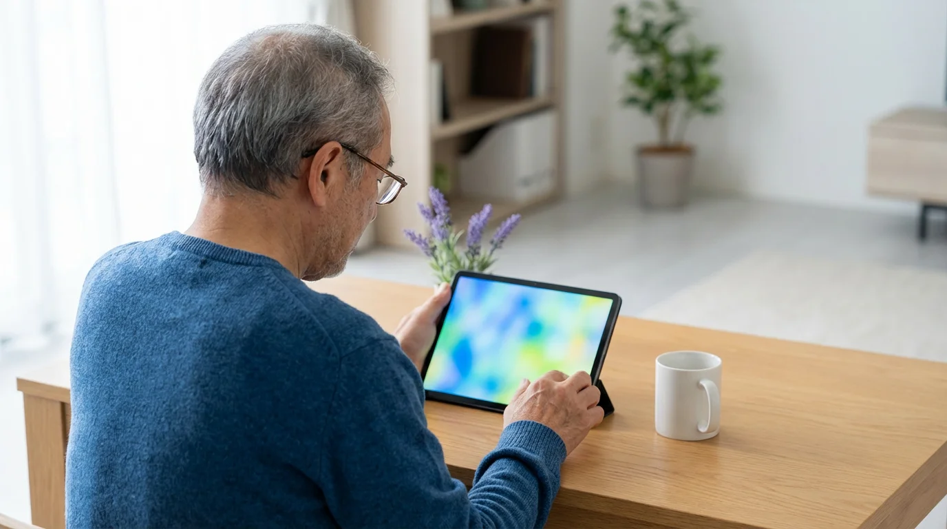 Over-the-shoulder view of a senior man using a tablet to plan travel logistics.