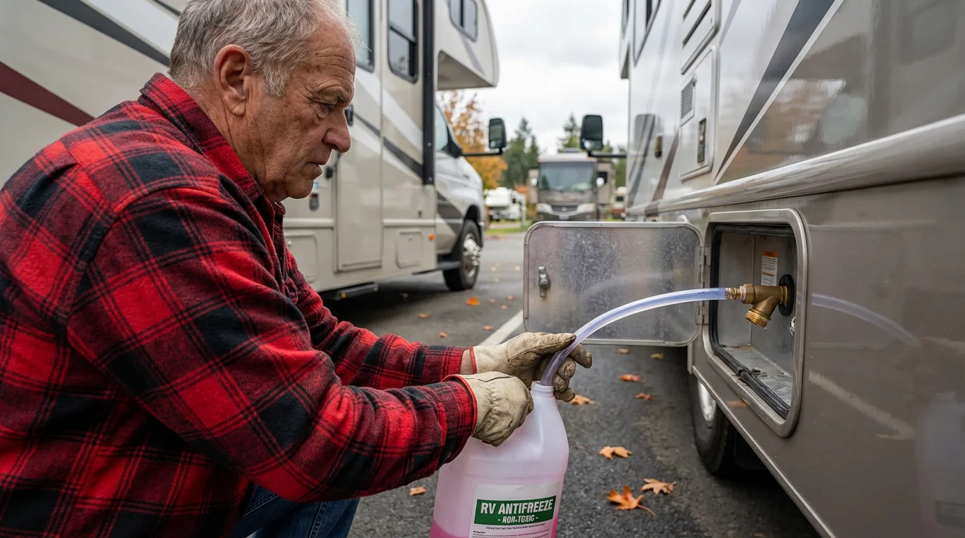 Over-the-shoulder view of a senior man winterizing a Class C motorhome in the fall.