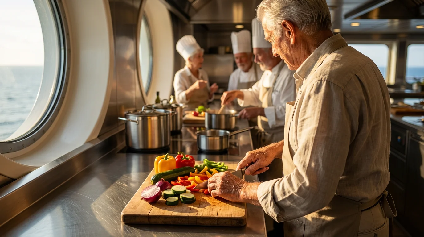 Over-the-shoulder view of a senior man's hands chopping vegetables during a cruise ship cooking class.