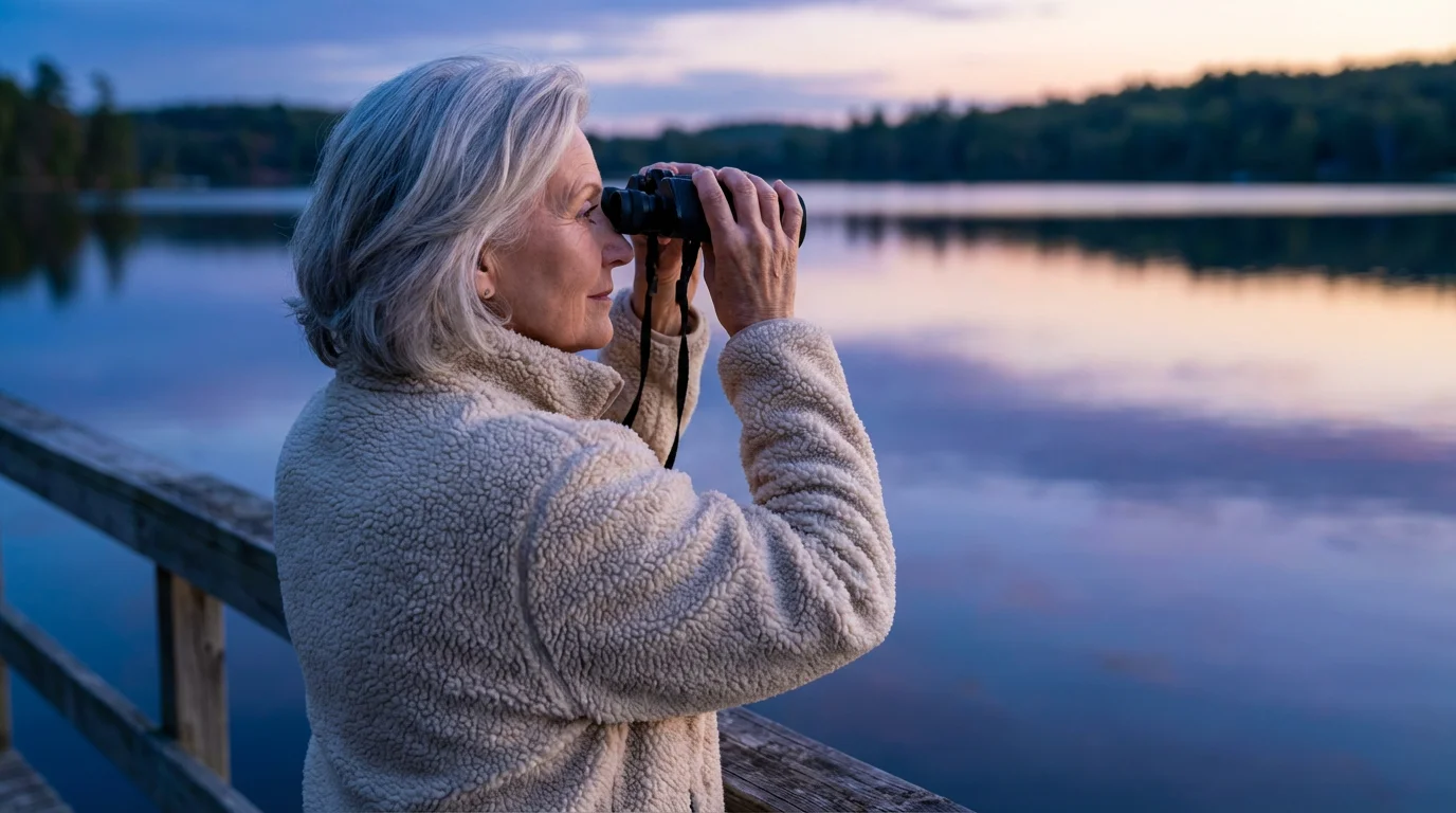 Over-the-shoulder view of a senior woman birdwatching with binoculars by a lake during blue hour.