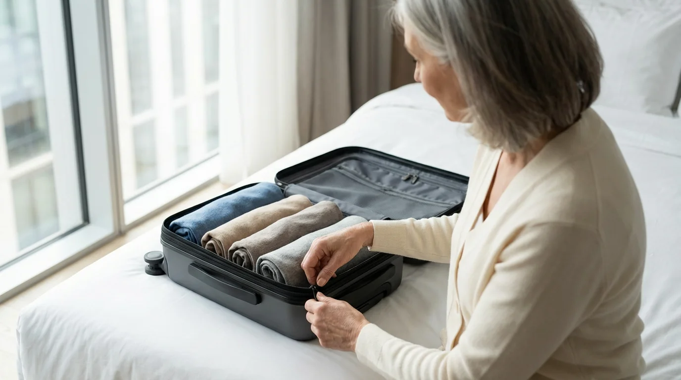 Over-the-shoulder view of a senior woman packing a small, neat carry-on suitcase.