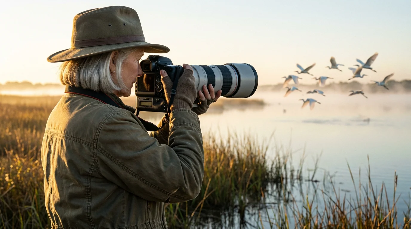 Over-the-shoulder view of a senior woman photographing birds in a marsh at golden hour.