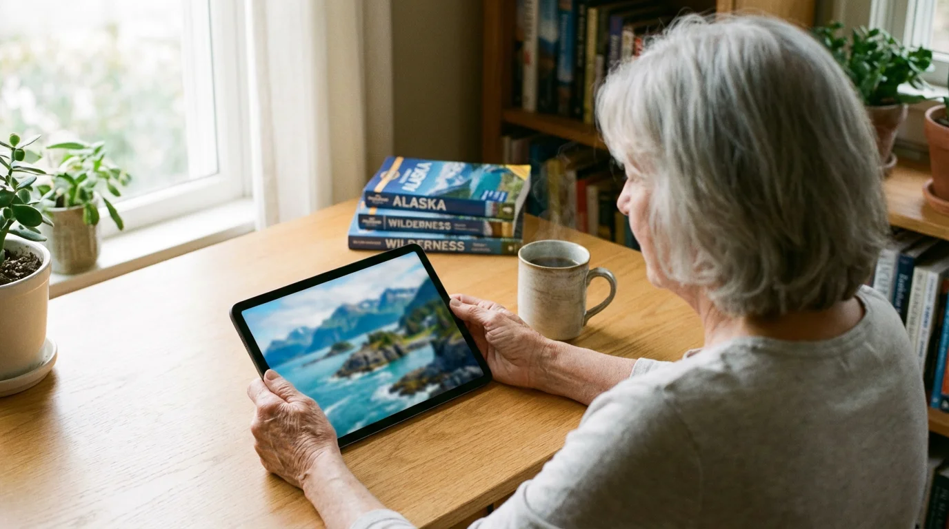 Over-the-shoulder view of a senior woman planning an Alaskan cruise on a tablet.