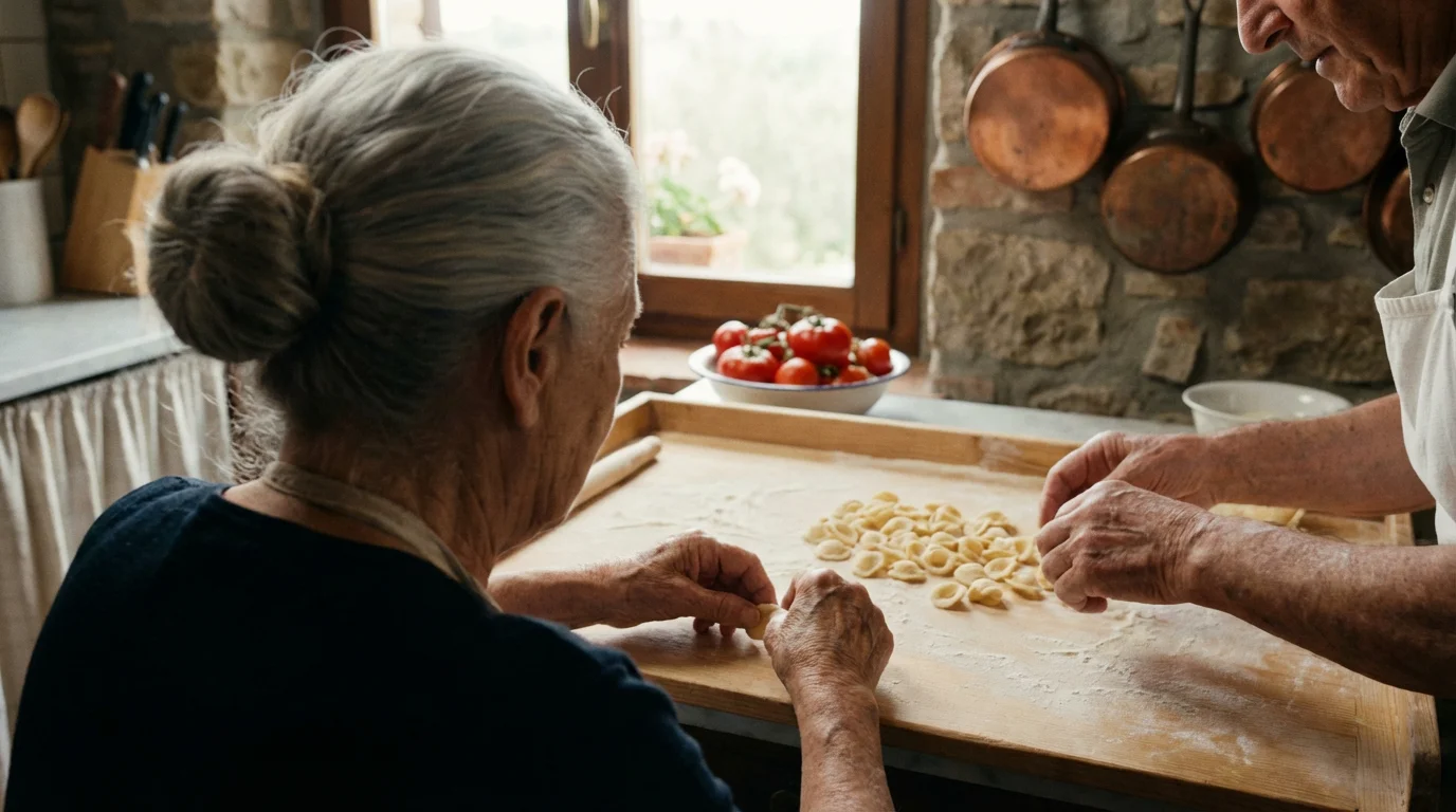 Over-the-shoulder view of a senior woman learning to make fresh pasta in Tuscany.