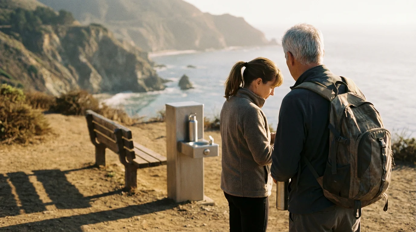 Over-the-shoulder view of a senior woman refilling her water bottle on a scenic trail.