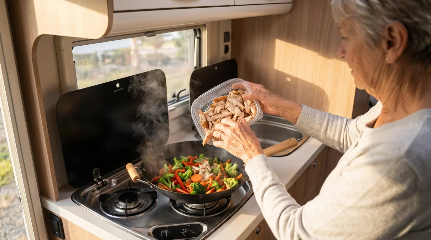 Over-the-shoulder view of a senior woman cooking a chicken stir-fry in an RV galley.