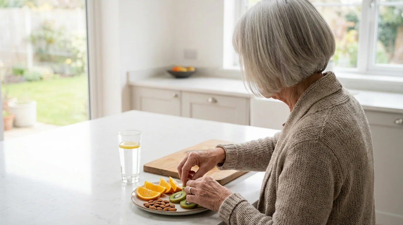 Over-the-shoulder view of a senior woman preparing a healthy fruit and nut snack.