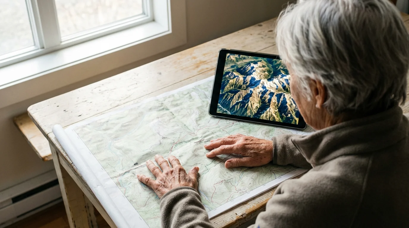 Over-the-shoulder view of a senior woman at a table planning a hiking route.