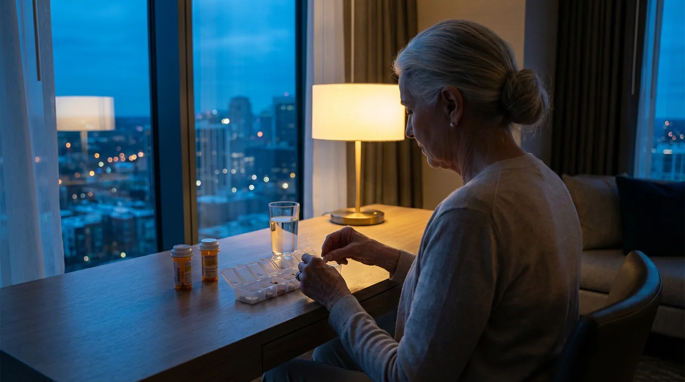 Over-the-shoulder view of a senior woman organizing travel medications into a pill box at dusk.