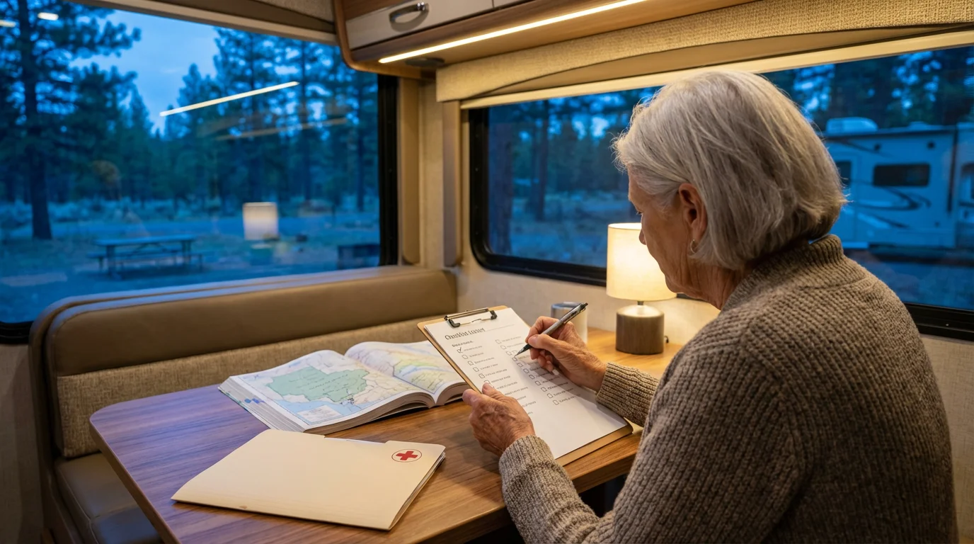 Over-the-shoulder view of a senior woman reviewing a final checklist inside her RV at dusk.