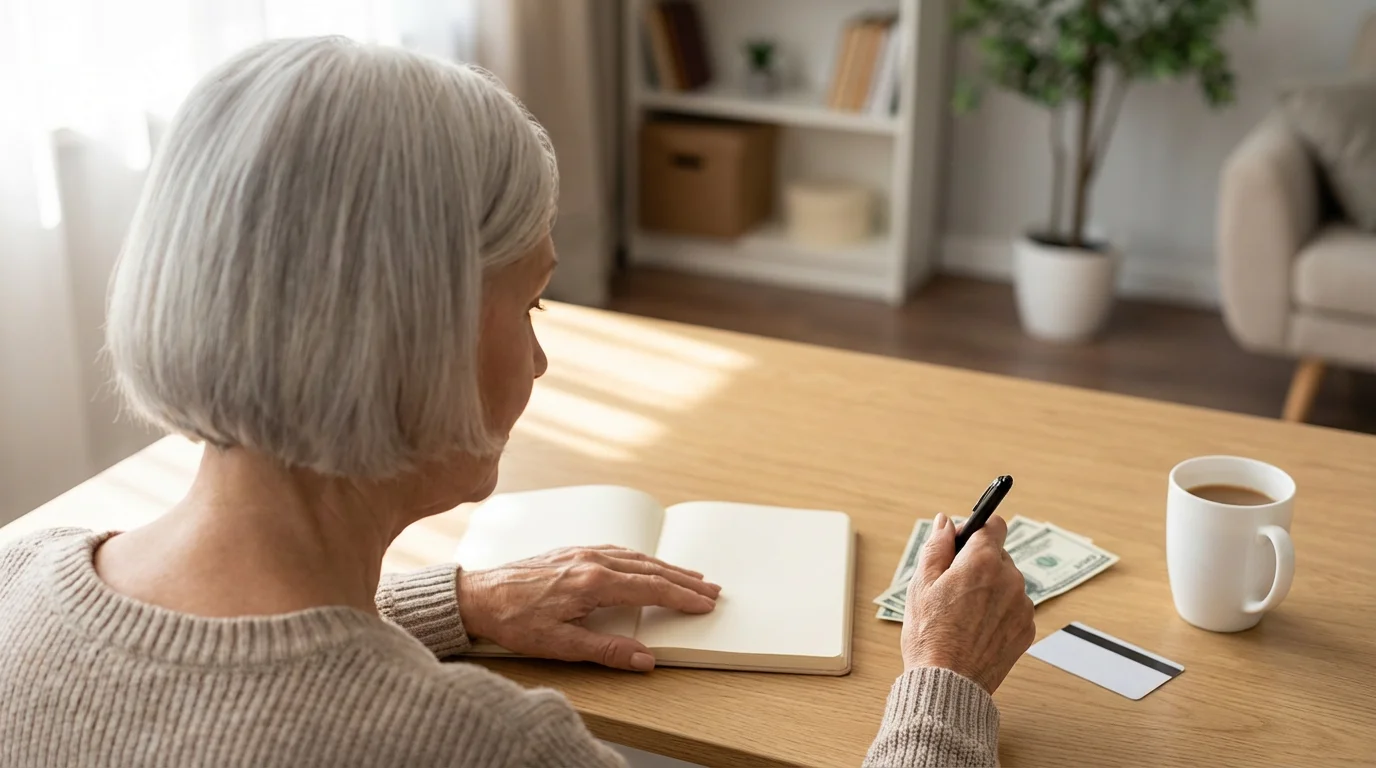 Over-the-shoulder view of a senior woman at a desk planning her travel budget.