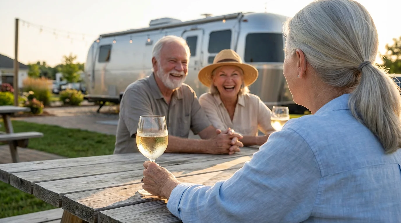 Over-the-shoulder view of active seniors enjoying happy hour at an RV park community gathering.