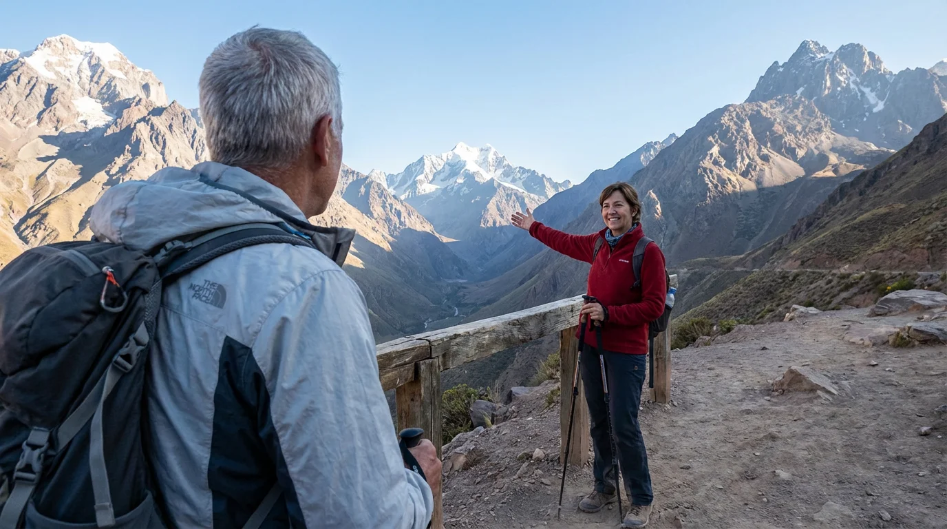 Over-the-shoulder view of an active senior couple enjoying a high-altitude mountain vista.