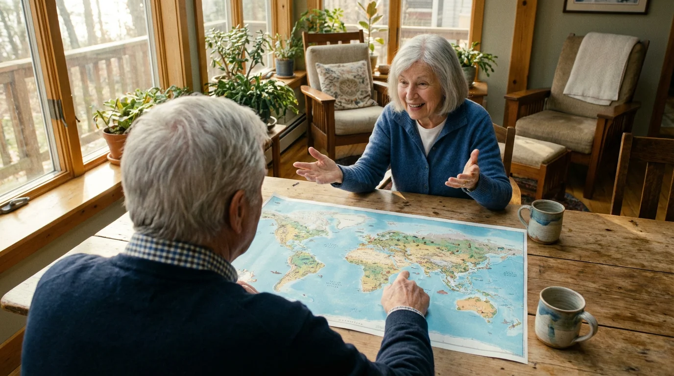 Over-the-shoulder view of two seniors happily planning a trip with a large map.
