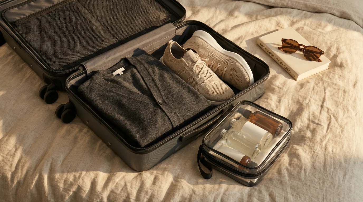 Overhead flat lay of an open suitcase being neatly packed for senior travel adventure.