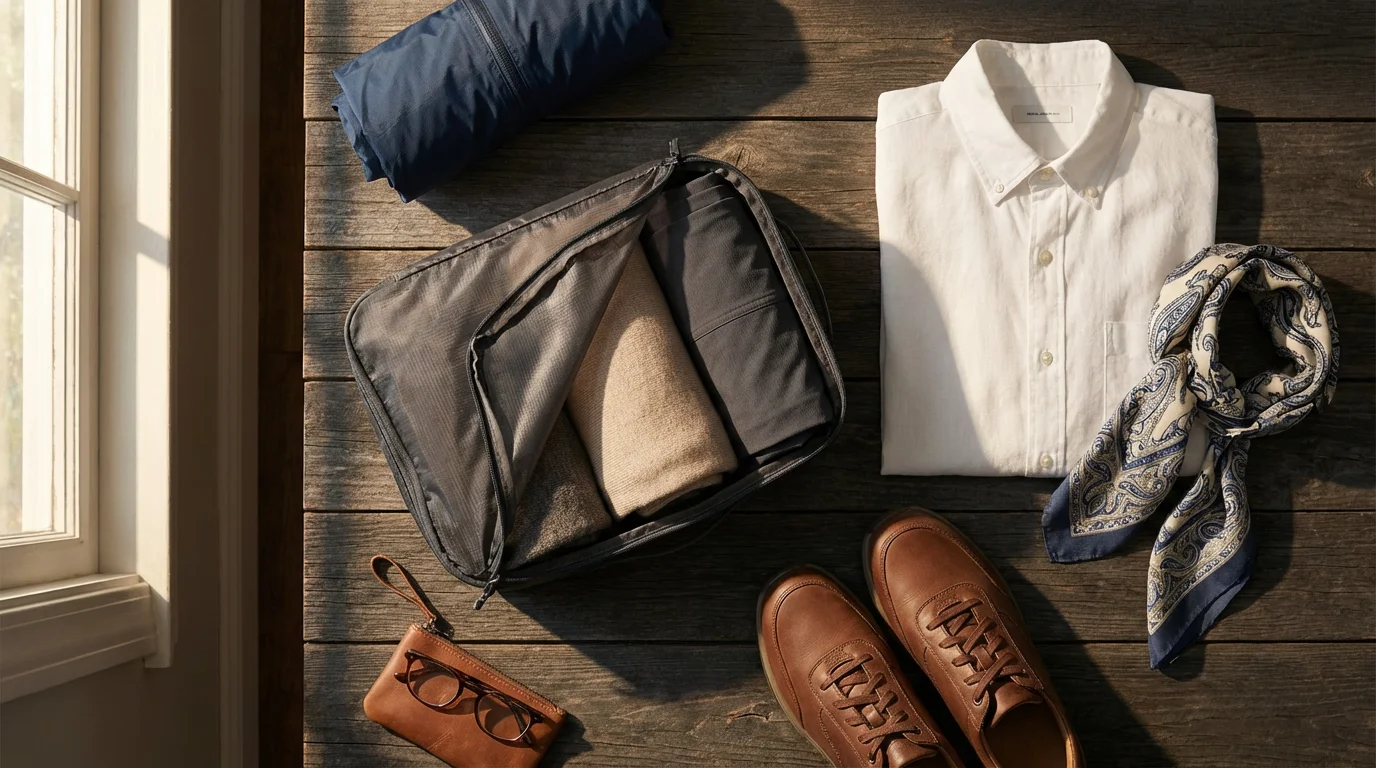 Overhead flat lay of versatile travel clothes and a packing cube with moody shadows.