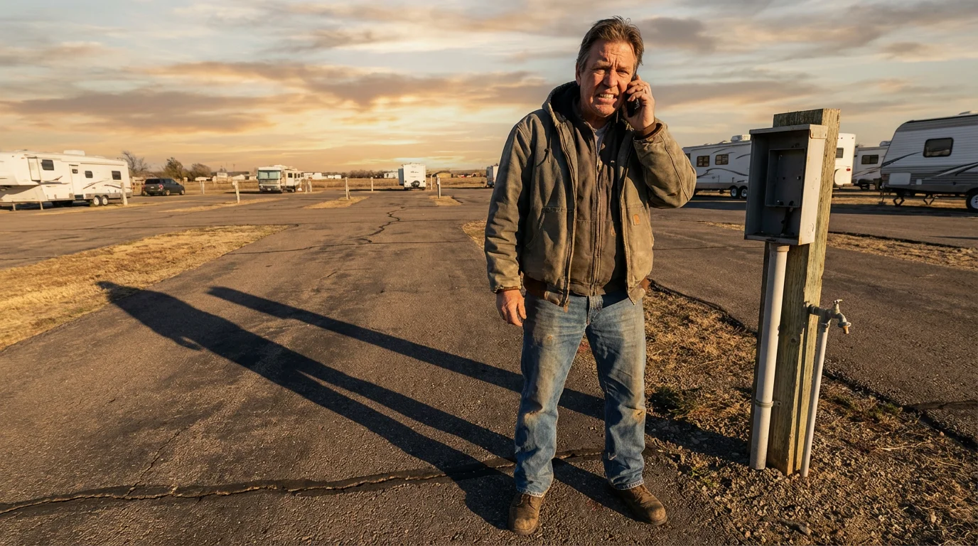 Person on the phone standing in an empty RV spot at a campground.