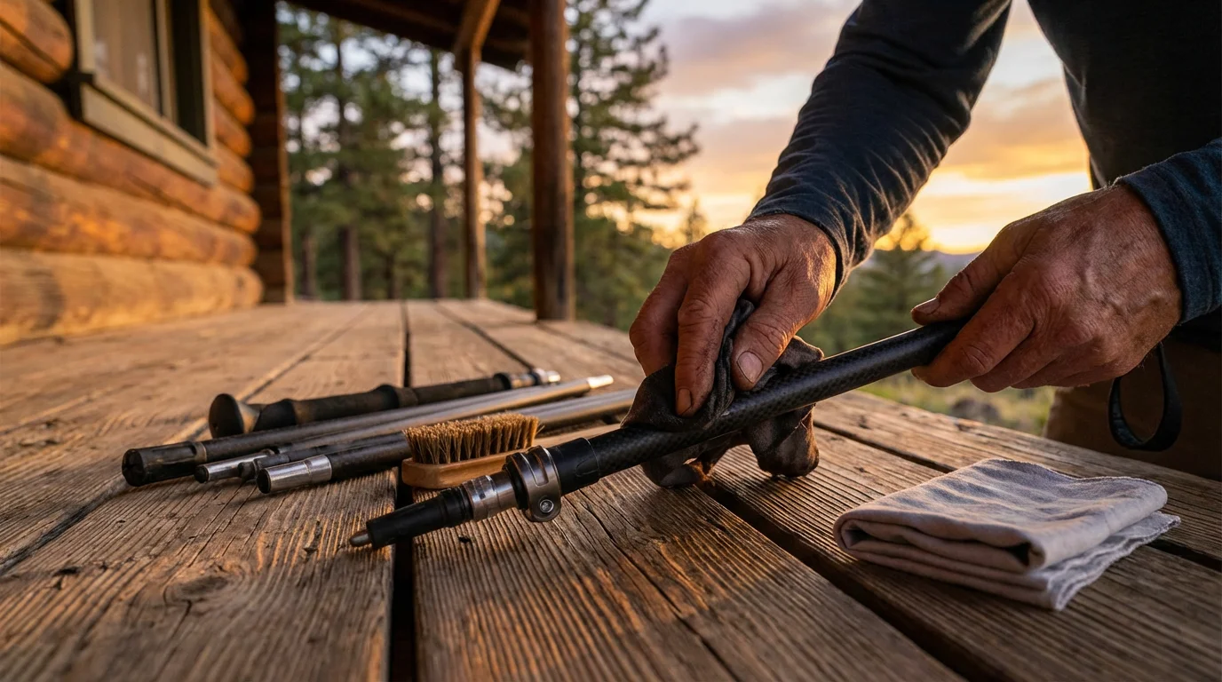 Person's hands carefully cleaning disassembled trekking poles on a wooden porch during sunset.