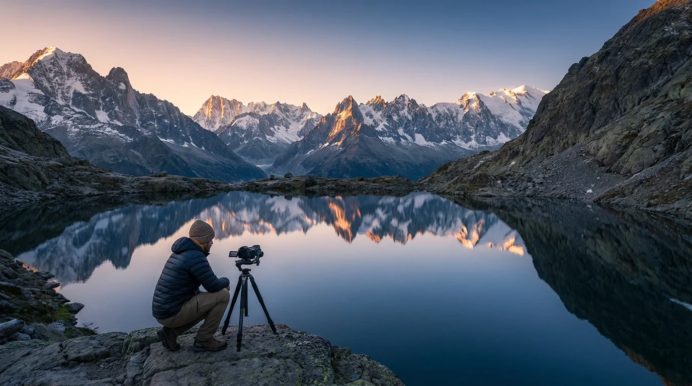 Photographer with a tripod at a mountain lake with peak reflections during a golden sunrise.
