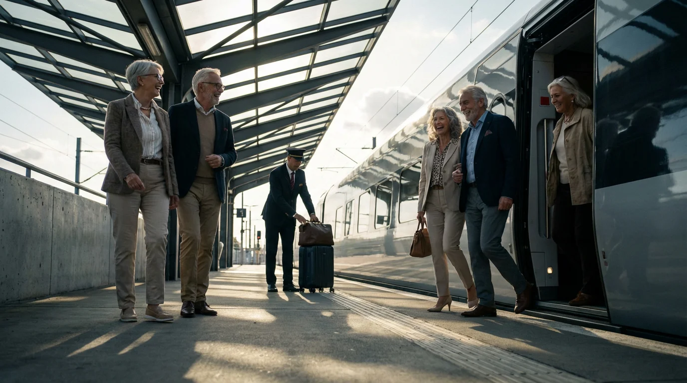 Relaxed seniors stepping off a modern train, their luggage handled by a porter.