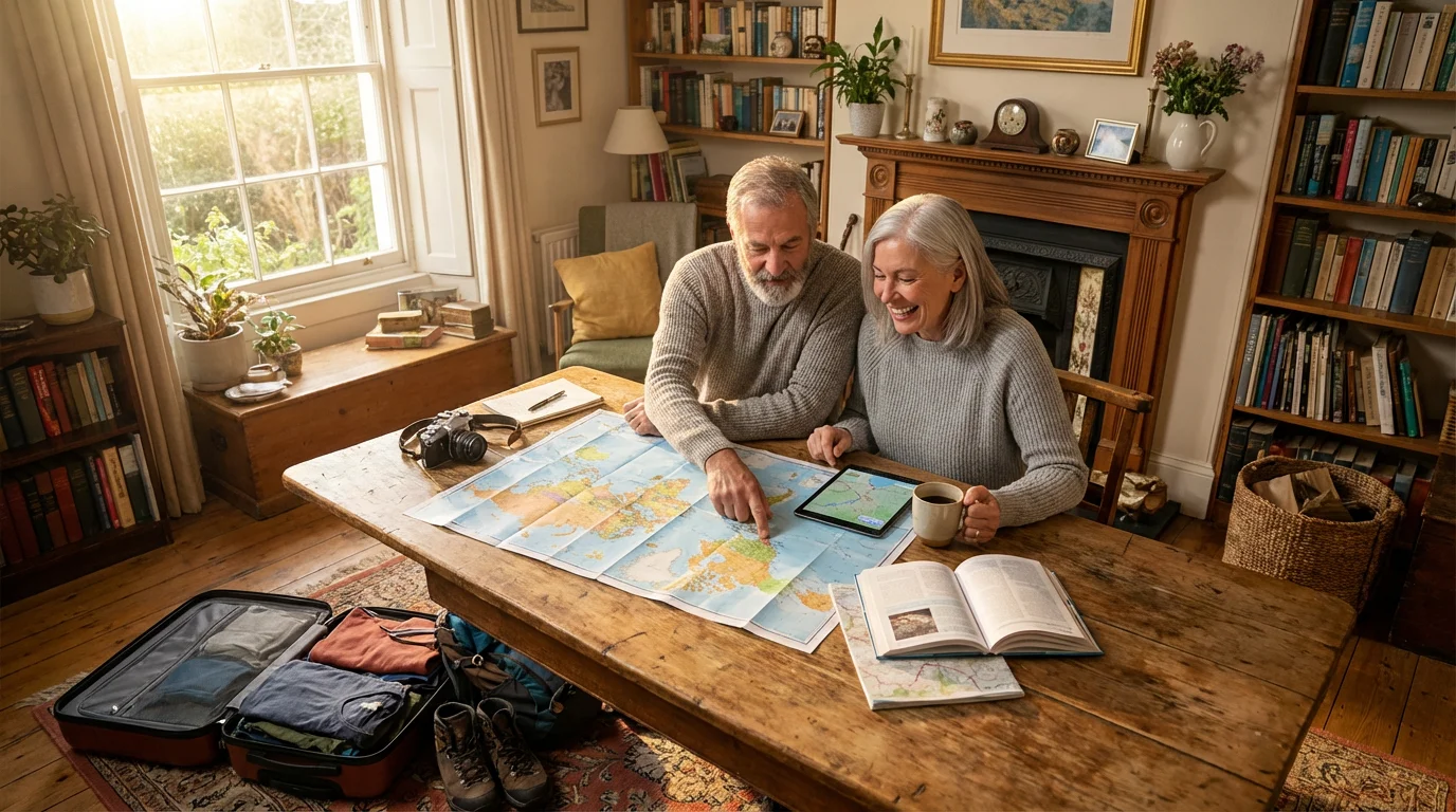 Retired couple in their living room planning a trip with a map and suitcase.