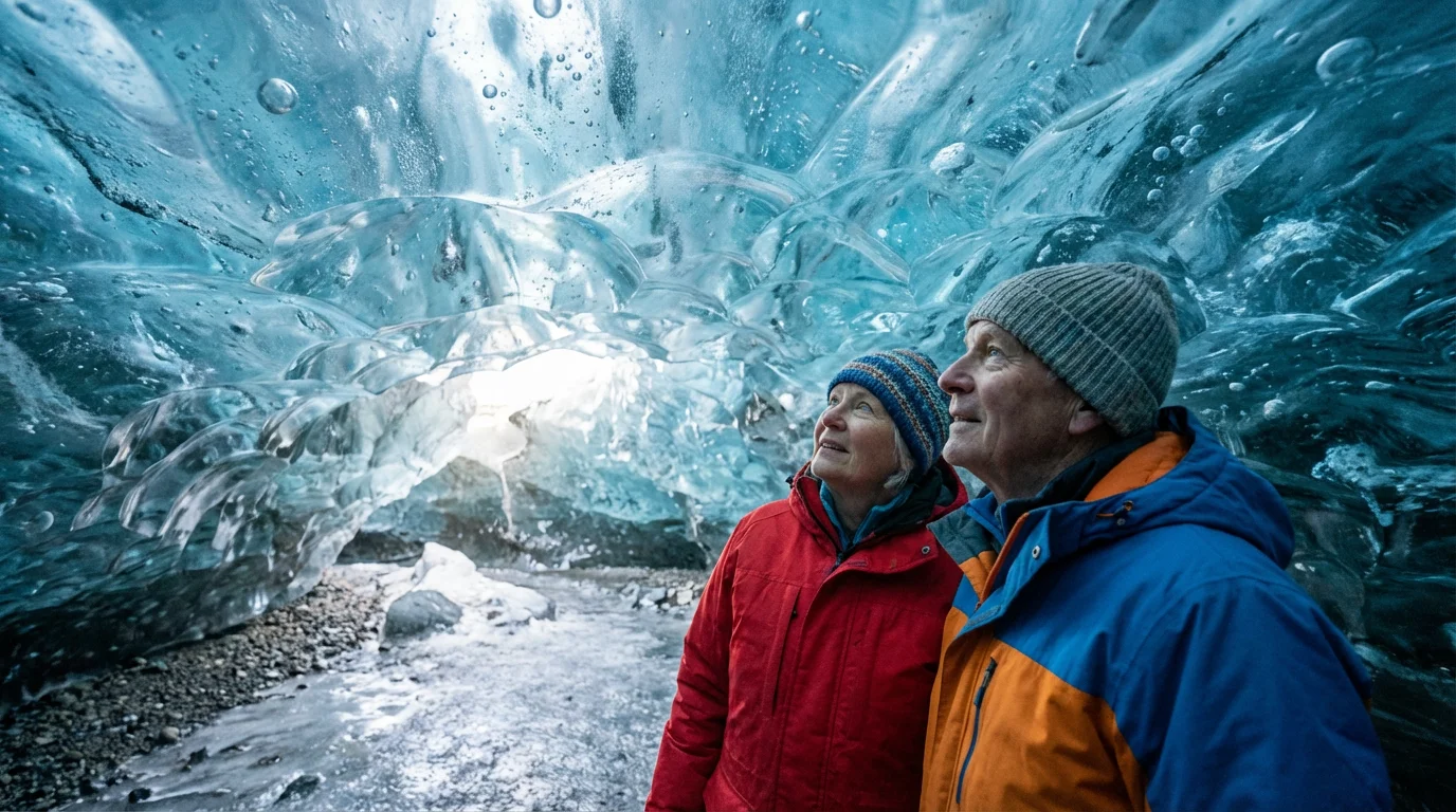 Senior couple admiring the glowing blue formations inside a natural Icelandic ice cave.