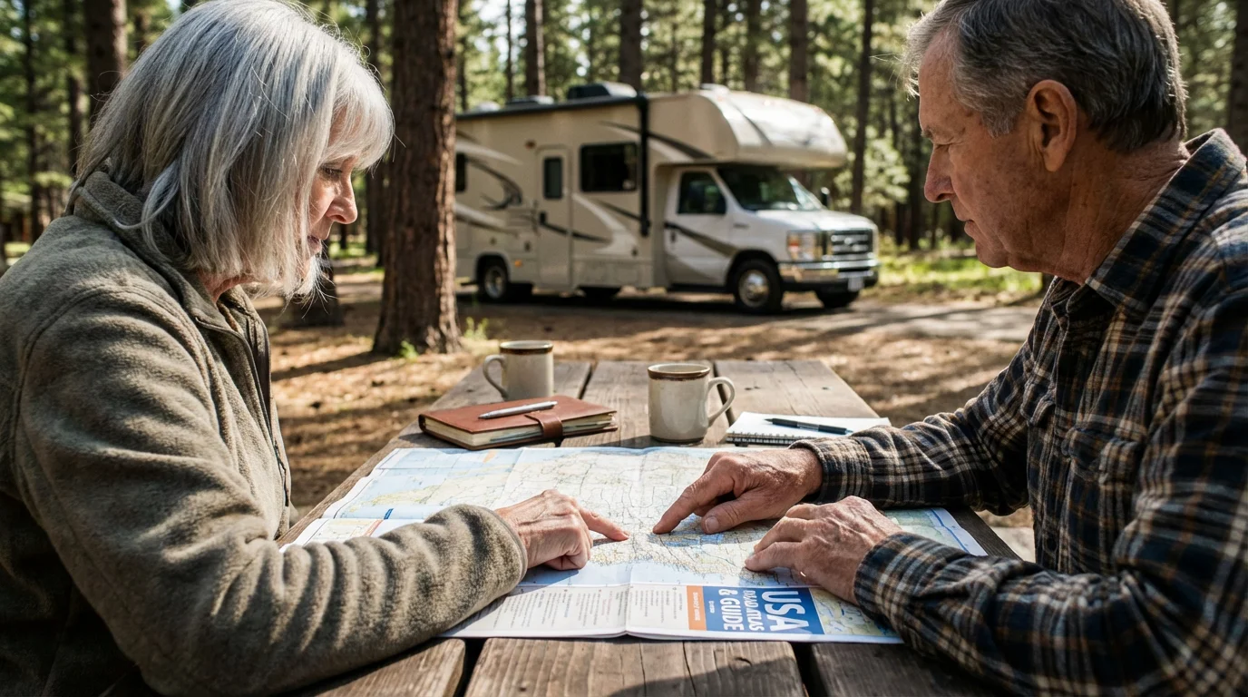 Senior couple at a campsite picnic table planning their RV route on a paper map.