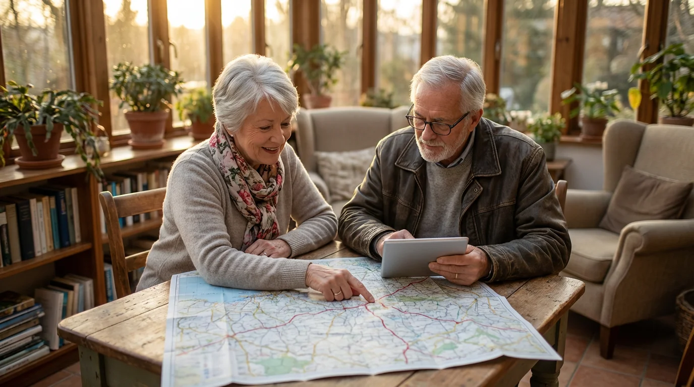 Senior couple at a sunlit table planning a road trip with a map and tablet.
