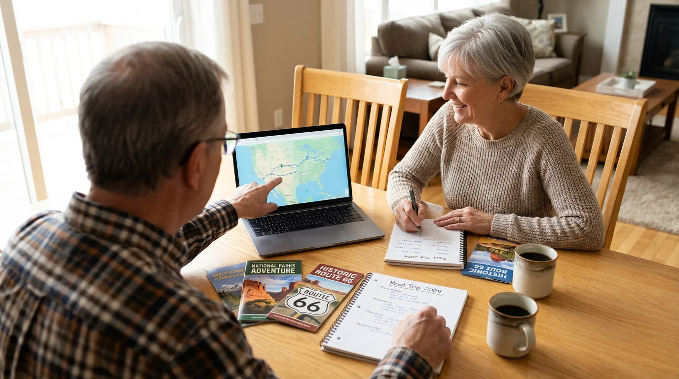 Senior couple at a sunny table planning their US road trip with a laptop.