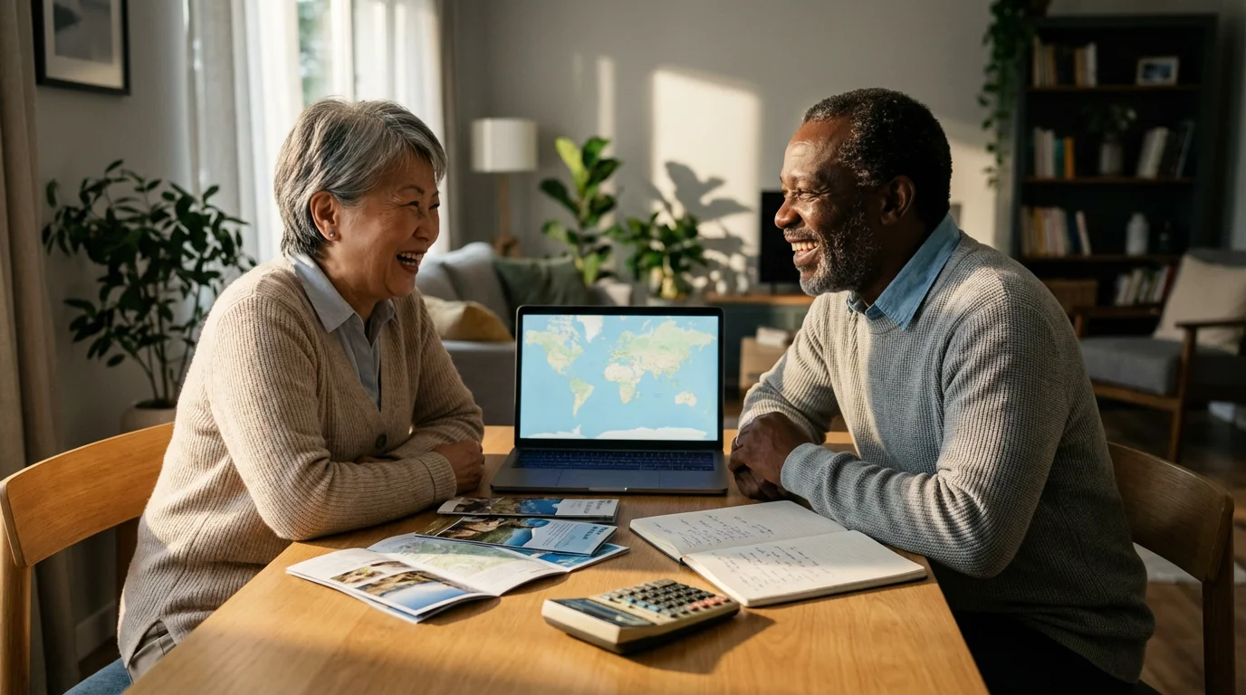 Senior couple at a table with a laptop and brochures, budgeting for a trip.