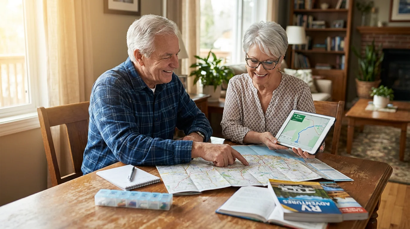 Senior couple at a table with a map and tablet planning an RV trip.