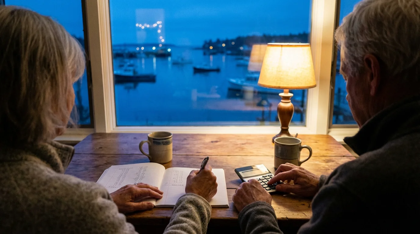 Senior couple at a table with a notebook, planning their travel budget at dusk.