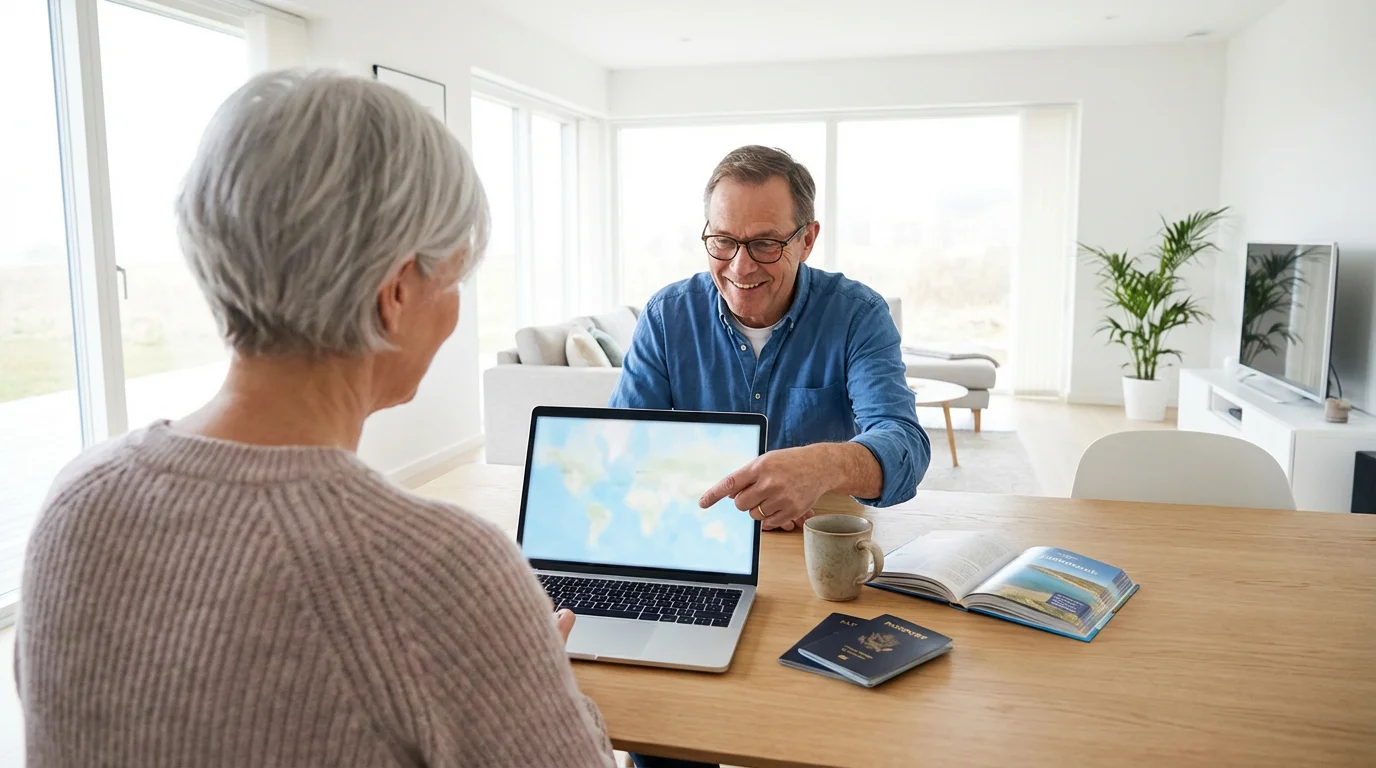 Senior couple at home using a laptop and guidebook to plan their trip to Portugal.