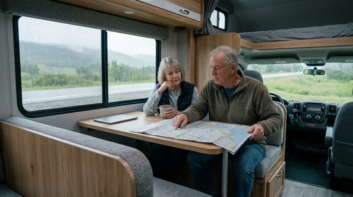 Senior couple calmly reviewing a paper road atlas inside their RV during a rain delay.