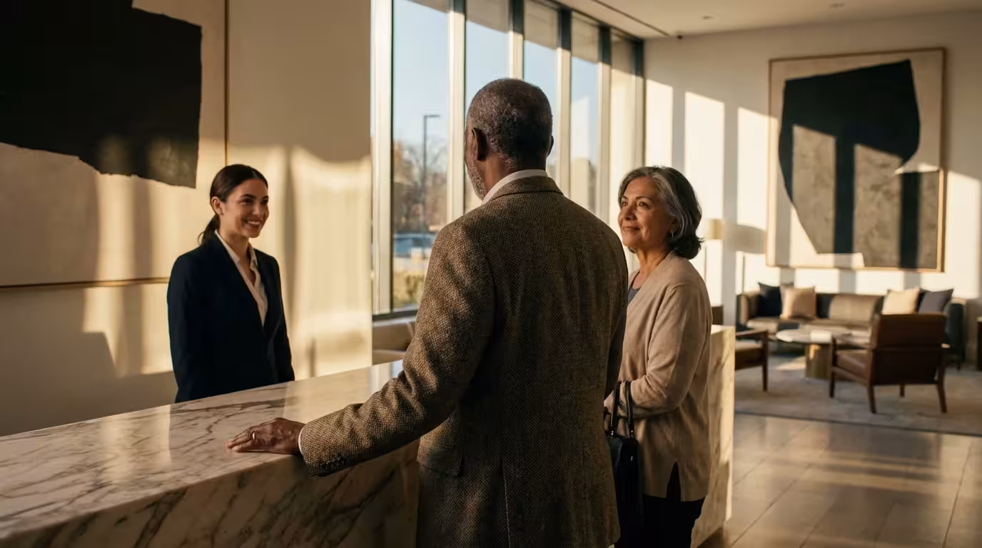 Senior couple checking into a luxurious hotel lobby during a warm golden hour.