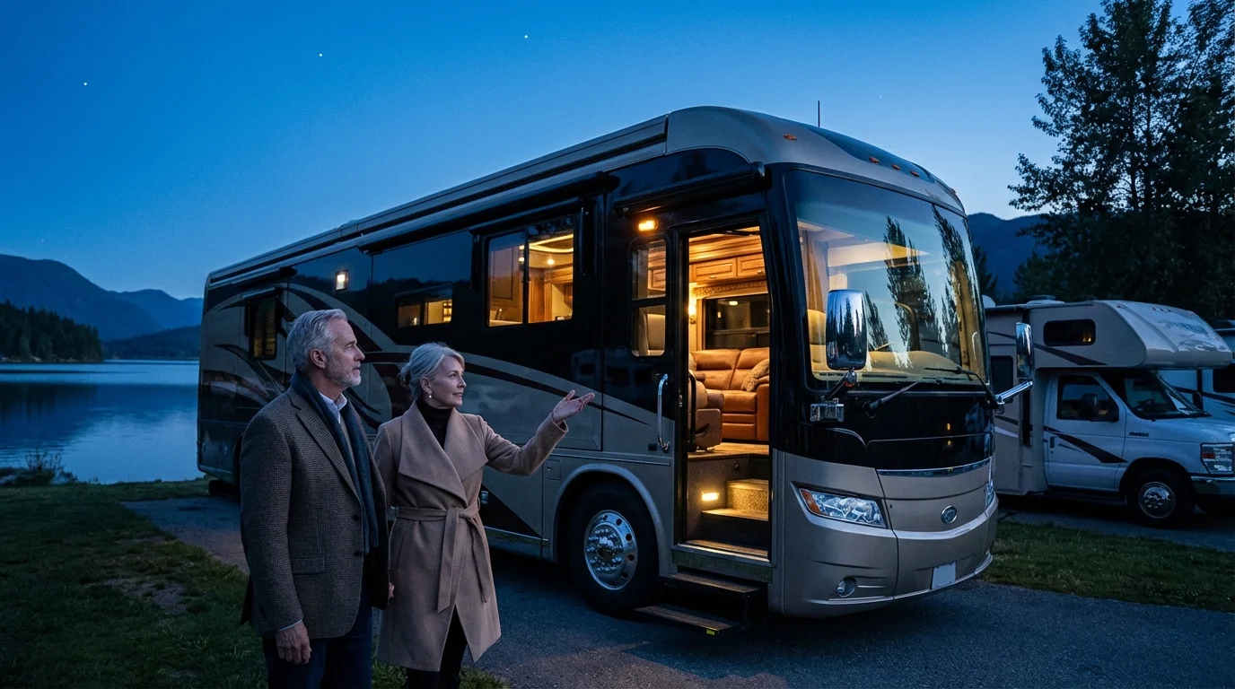Senior couple choosing a luxury Class A motorhome at a lakeside park at twilight.