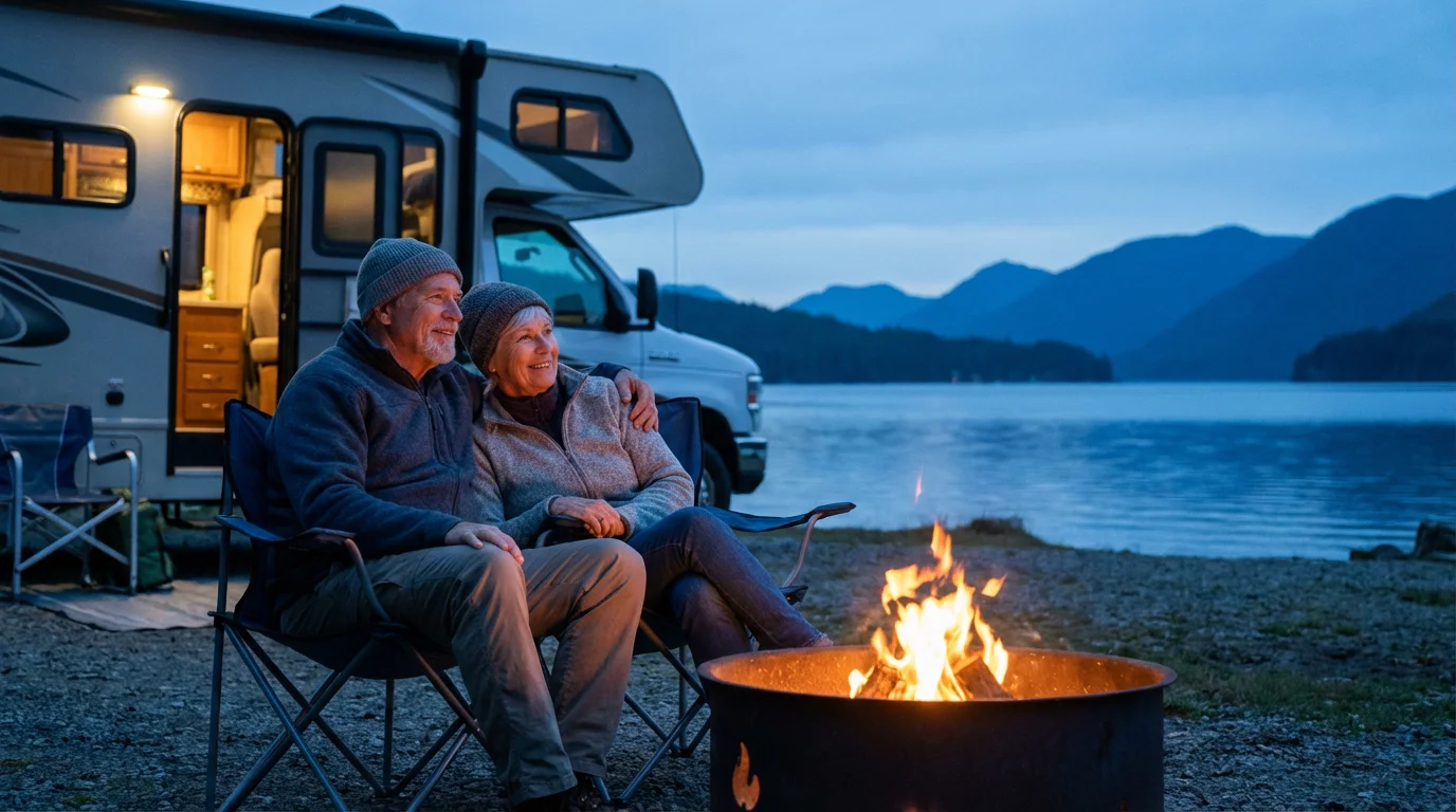Senior couple enjoying a campfire by a lake at dusk next to their RV.
