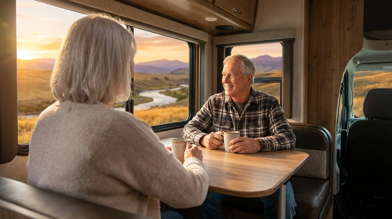 Senior couple enjoying a golden hour river view from inside their modern RV.