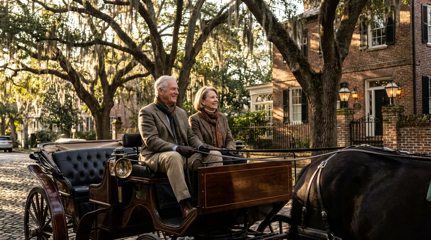 Senior couple enjoying a horse-drawn carriage tour through a historic, moss-draped Charleston street.