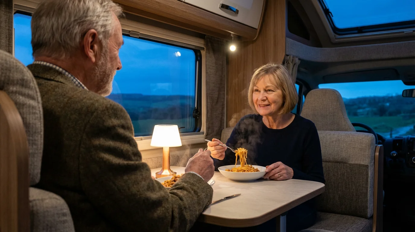 Senior couple enjoying a quiet pasta dinner together inside their RV at dusk.