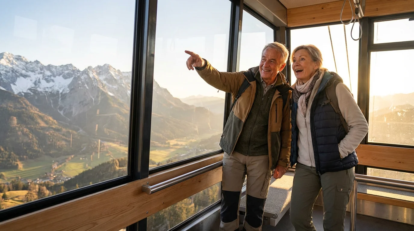 Senior couple enjoying a scenic, golden hour cable car ride in the Bavarian Alps.