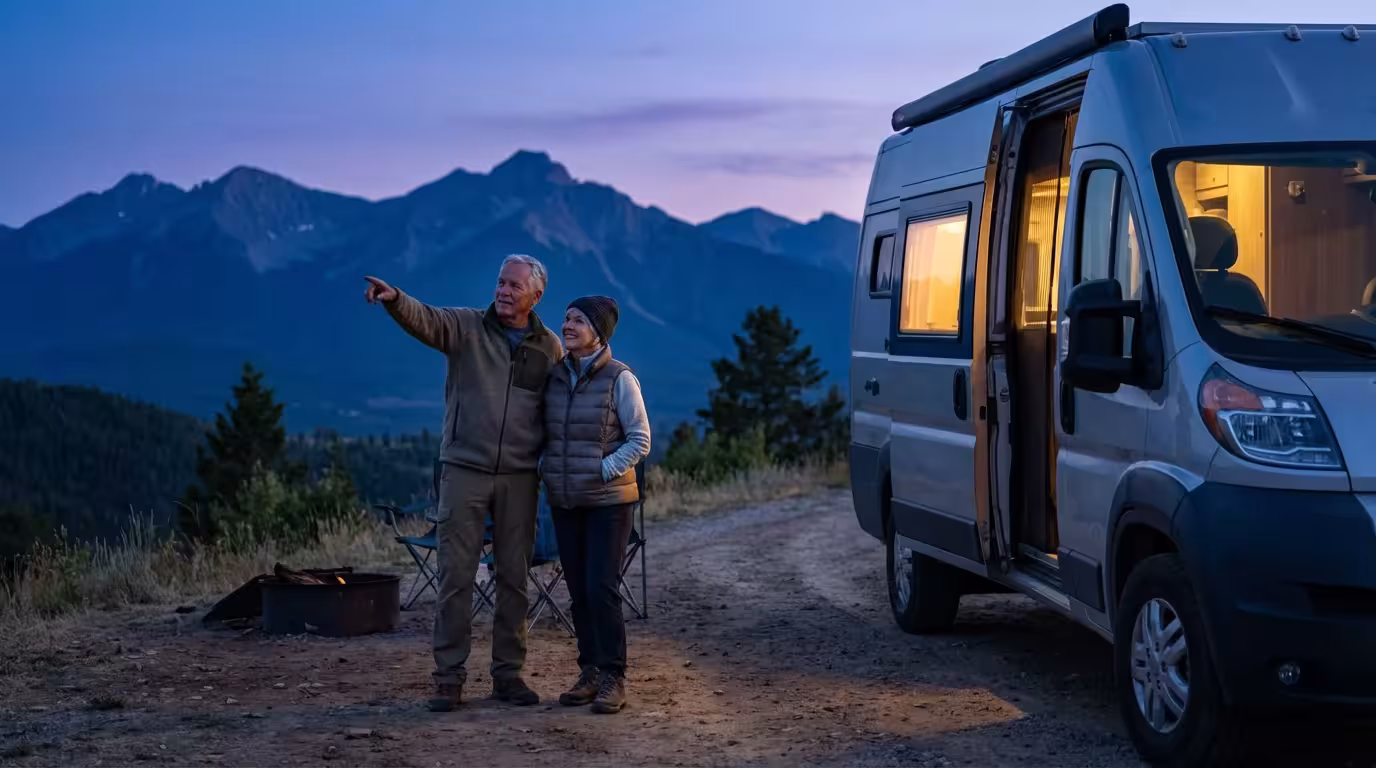 Senior couple enjoying a scenic mountain vista beside their camper van at twilight.